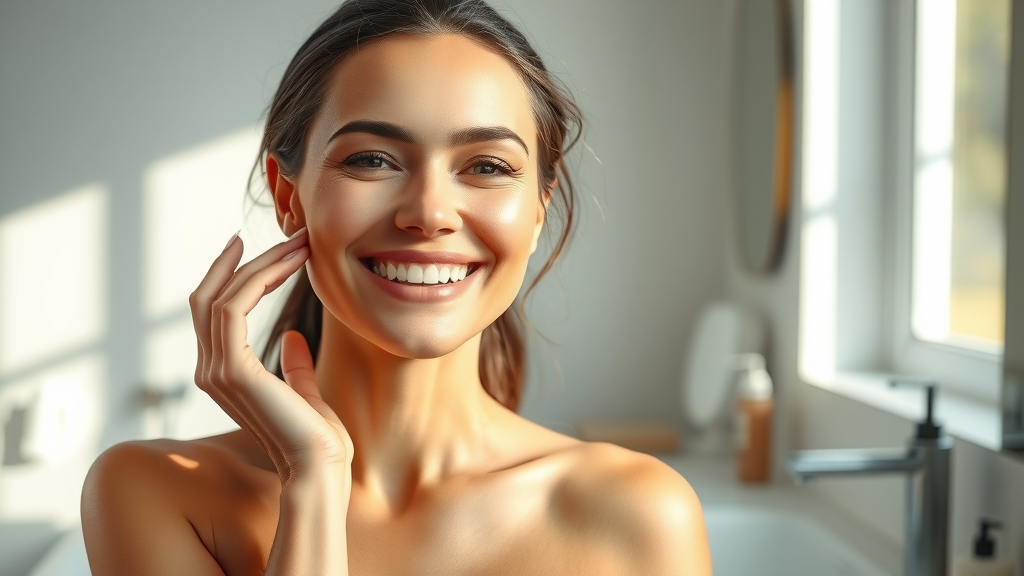 Confident woman with glowing skin applying moisturizer in a bright bathroom, benefits of beauty routines