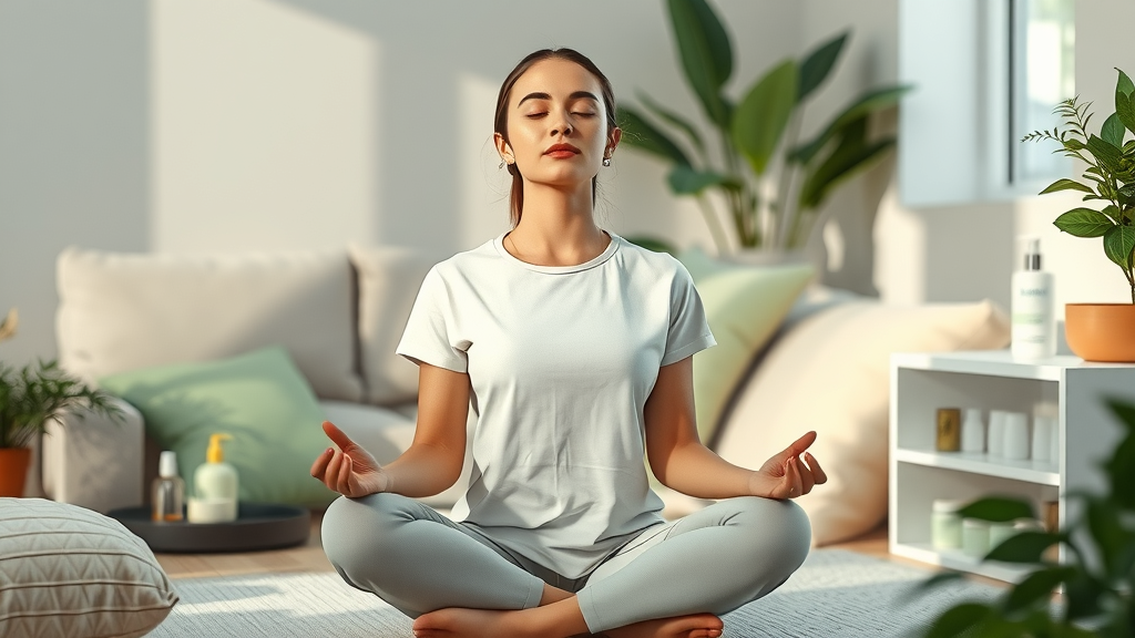 Woman meditating with skincare products nearby, beauty routines and emotional wellness benefits