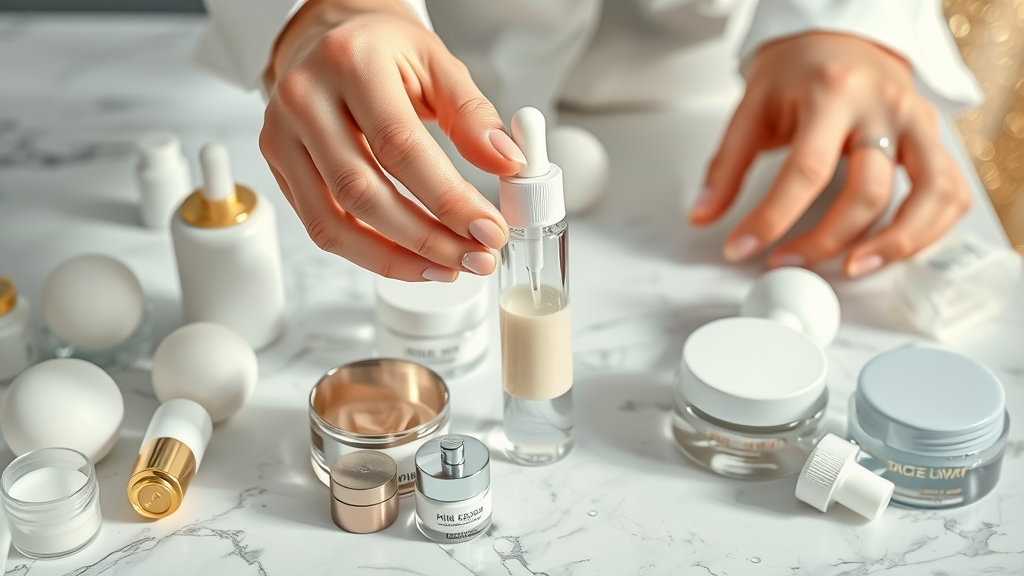 Hands selecting skincare products, choosing right care products for skin health
