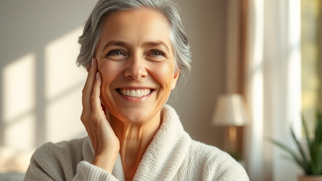 Radiant mature woman touching her healthy glowing face, proud of her skincare routine benefits