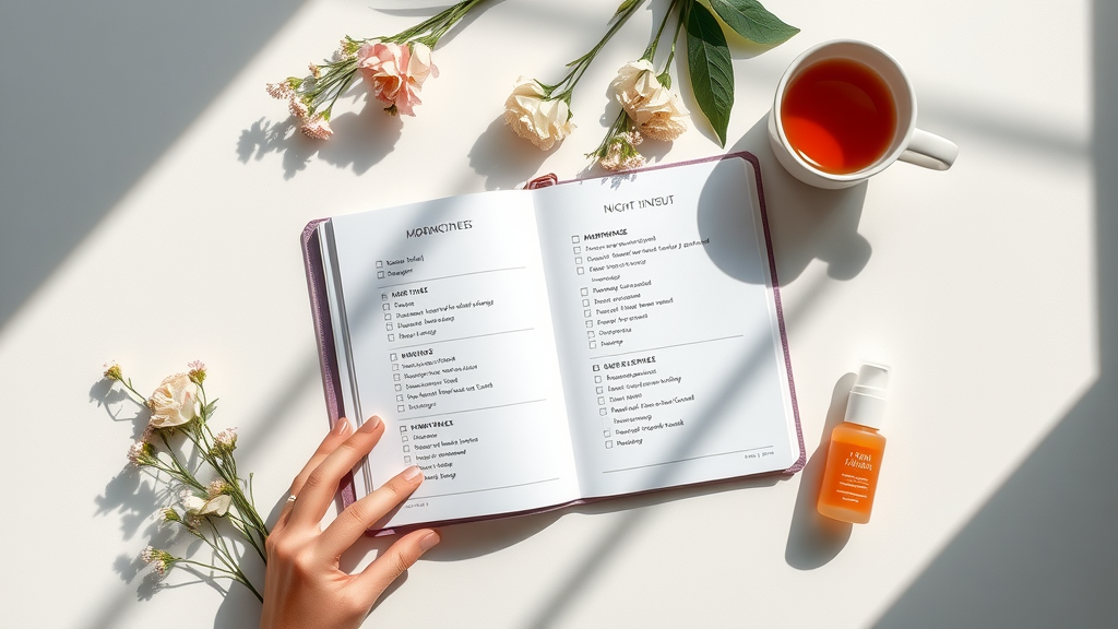 Skincare routine planner flat lay, organized checklist for effective skin care products and routines