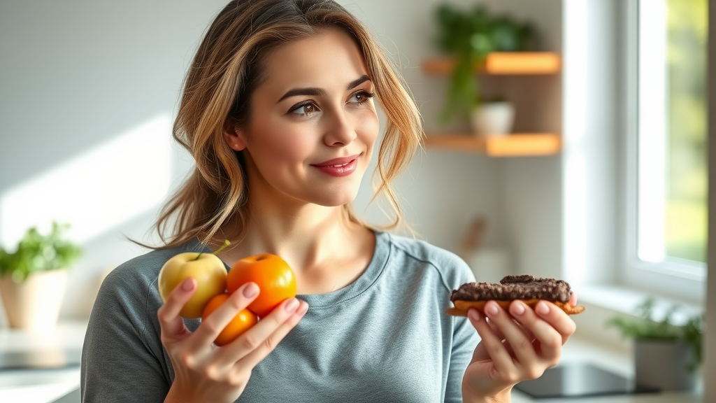 Confident woman selecting a healthy option vs. indulgent snack for benefits of indulgent treats