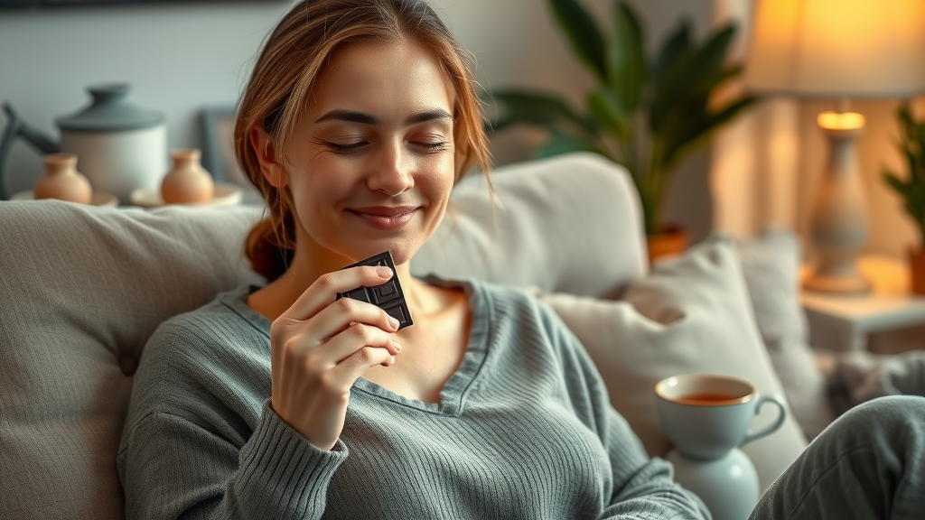 Woman experiencing health benefits of indulgent treats through mindful snack food choice