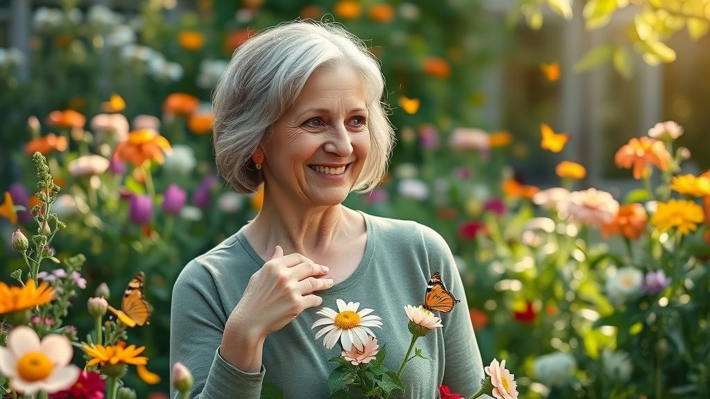 Serene middle-aged woman in a lush green garden representing gardening and joyfullness, surrounded by colorful blossoms and sunlight with butterflies.