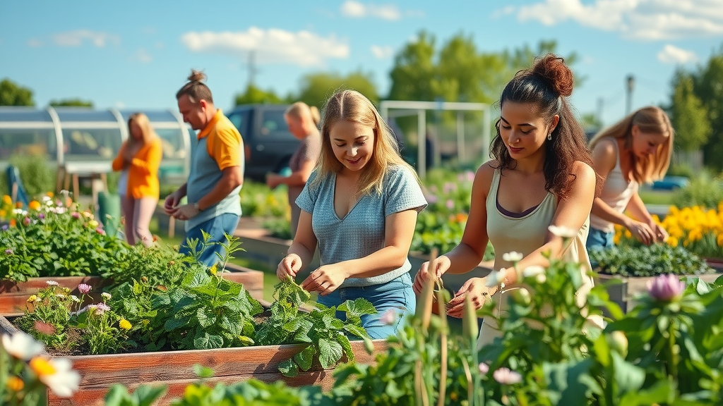 Diverse women sharing gardening tasks and joy in a vibrant community garden, illustrating the benefits of gardening and joyfullness among women.