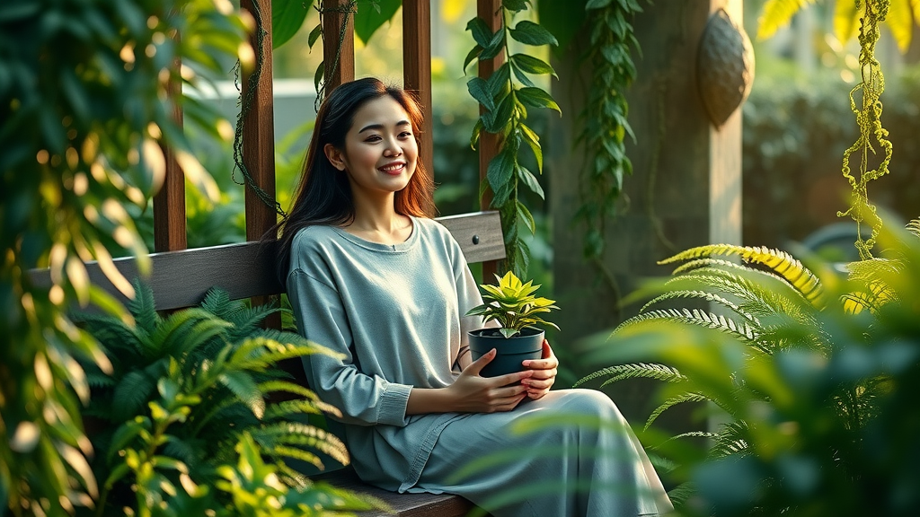Reflective woman experiencing joyfullness with a potted plant on a bench in a tranquil green garden, illustrating the emotional benefits of gardening.