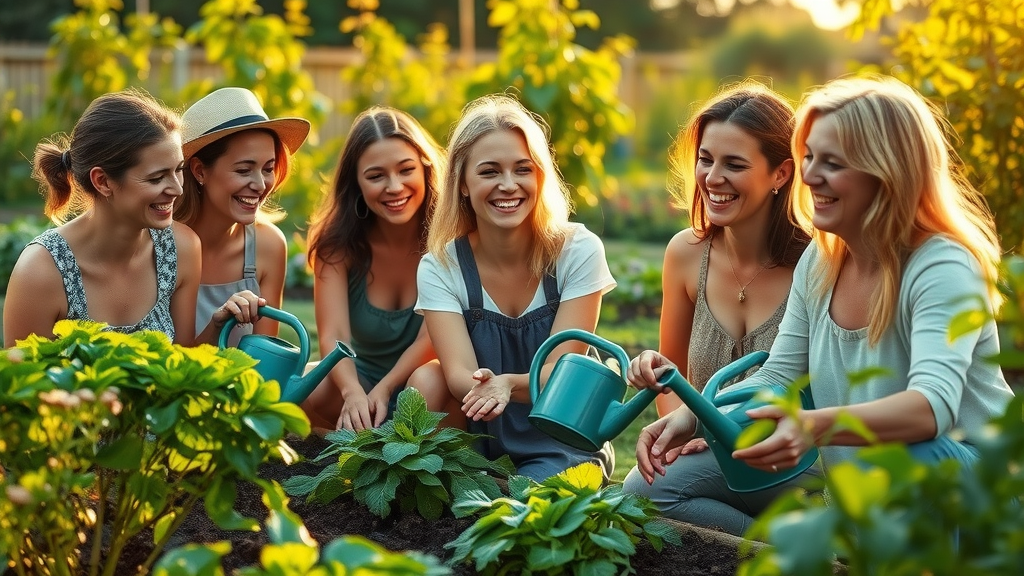 Group of women sharing laughter and gardening joy while planting together in a lively community vegetable patch, showing the power of gardening and joyfullness.