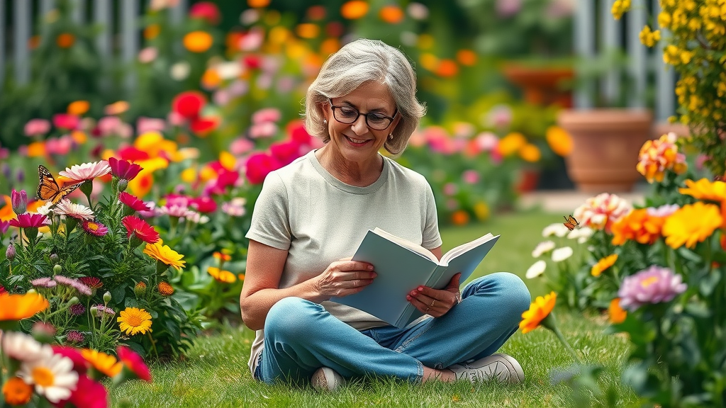 Mature joyful woman journaling in a blooming garden, surrounded by vibrant flowers and butterflies, capturing the transformative power of gardening and joyfullness.