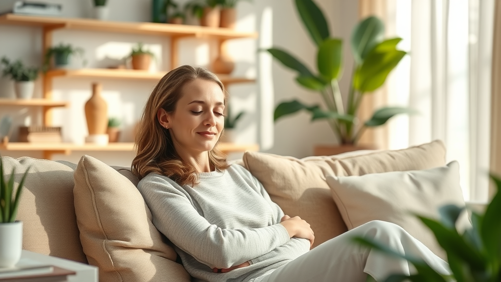 Tranquil living room scene with a woman relaxing, demonstrating peacefulnesss from home-making in a cozy, sunlit space with natural decor and soft colors.