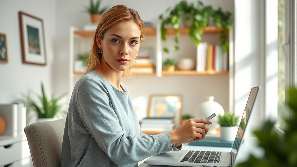 Serene organized home office with a woman arranging decorative items, showing how home decor and organization promote peacefulnesss from home-making for women.