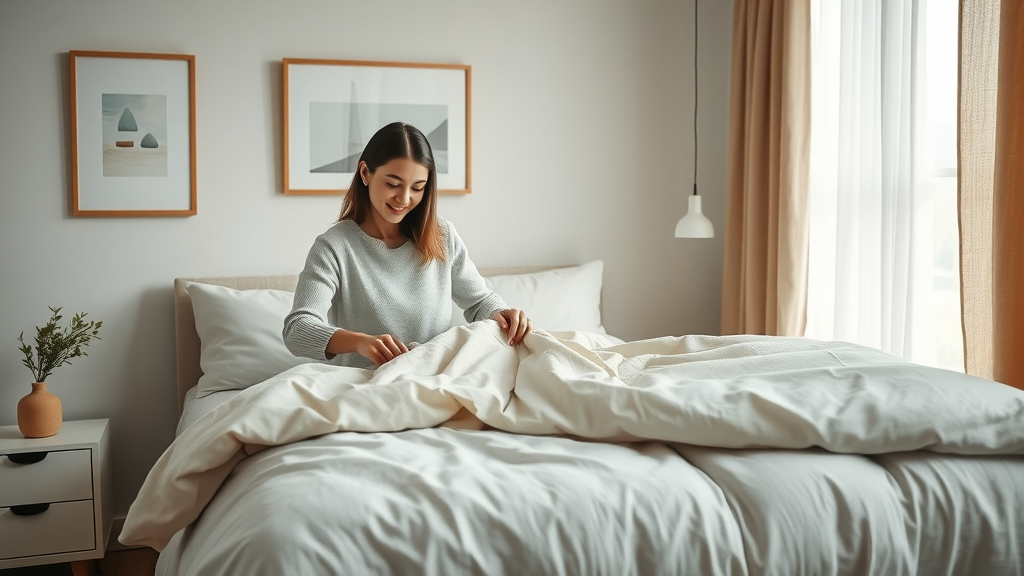 Minimalist bedroom with cozy accents and a woman smoothing a blanket, showing how decluttering and intentional home decor create a peaceful home.