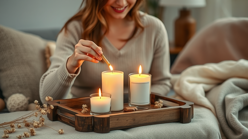 Elegant candle display with a woman lighting a scented candle for peacefulnesss from home-making, enhancing a cozy and tranquil home environment.