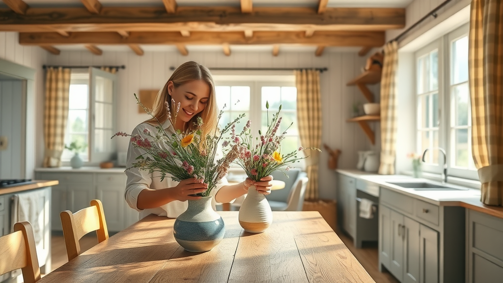 Inviting country cottage interior with a woman arranging wildflowers, demonstrating how cozy decor and natural elements create a peaceful house.
