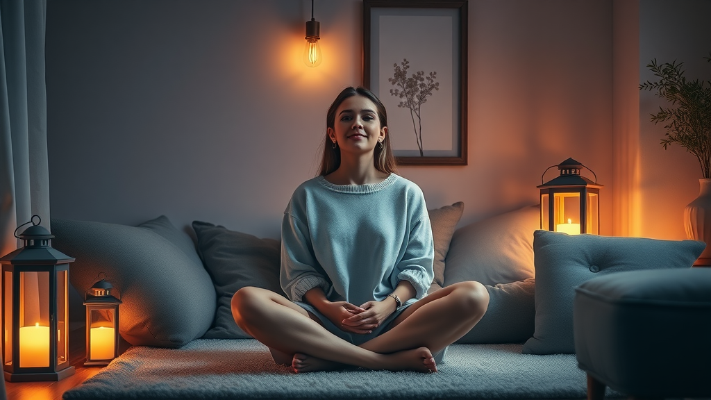 Peaceful living space with ambient lighting, a woman enjoying lantern lights, showing ways to create a peaceful home through lighting, decor, and atmosphere.