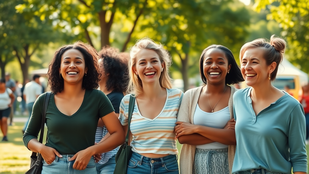 Radiant diverse women smiling together at a community event, demonstrating volunteering and life satisfaction