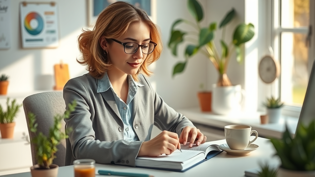 Thoughtful professional woman journaling for life satisfaction and wellness