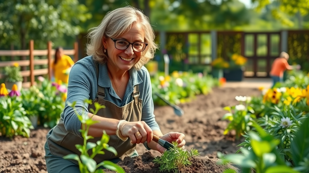 Active middle-aged woman volunteering outdoors, planting flowers for health benefits