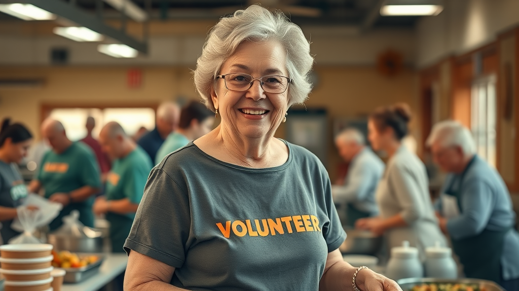 Smiling older woman in a volunteer T-shirt serving meals, showing joy and life satisfaction from volunteering