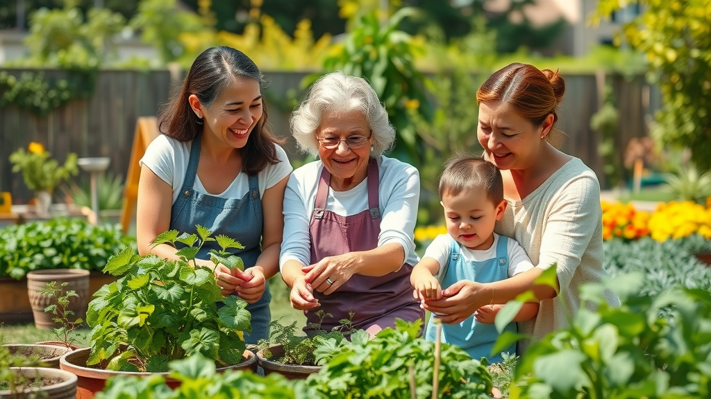 Generational family of women gardening, teaching intergenerational volunteering and happiness