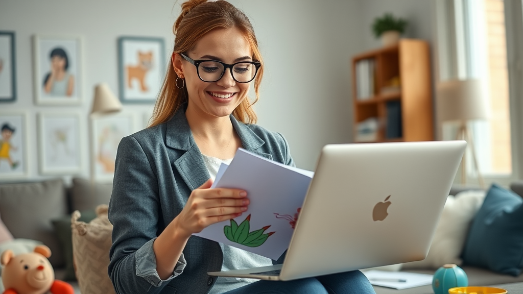 Busy professional woman balancing laptop and child