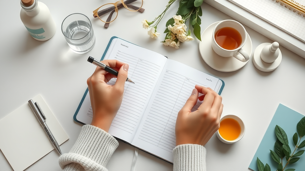Organized planner with wellness items, showing women planning volunteering activities