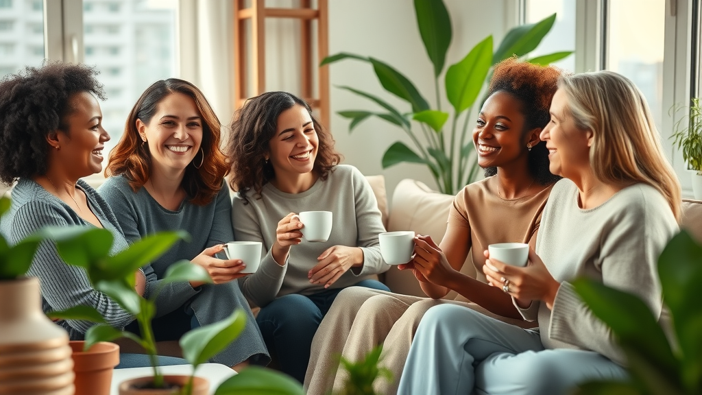 Inspiring group of diverse women smiling and sharing tea in a cozy, sunlit urban apartment — the power of rituals in everyday life