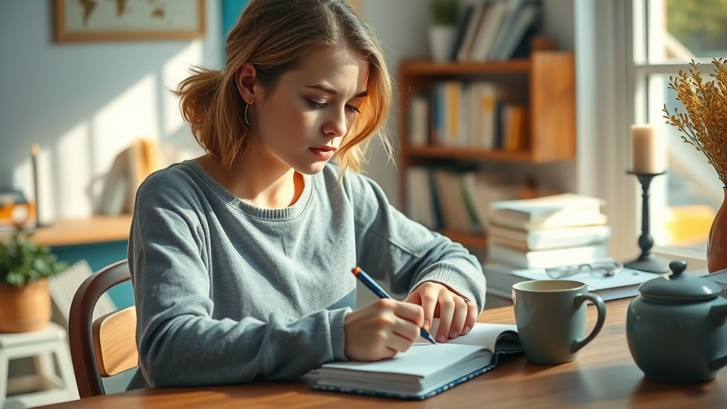 Thoughtful young woman writing in a journal — the power of rituals and wellness through everyday activities