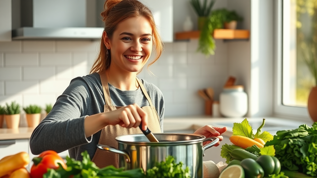 Smiling woman cooking with healthy vegetables — turning everyday activities into soulful practices and wellness rituals