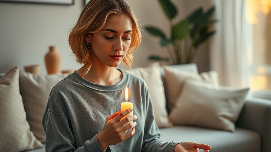 Focused woman lighting a candle before meditating — psychological effects and the power of ritual in women’s wellness