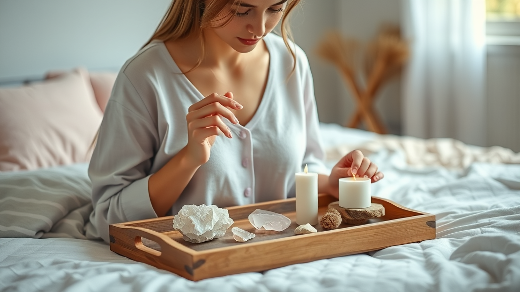 Creative woman arranging crystals and candles — creating your own everyday ritual for success and soulful practices