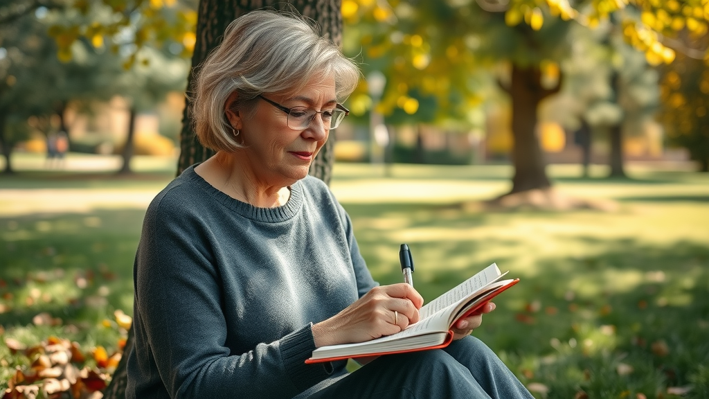 Mature woman journaling outdoors in a peaceful park — real women embracing the power of ritual in everyday life