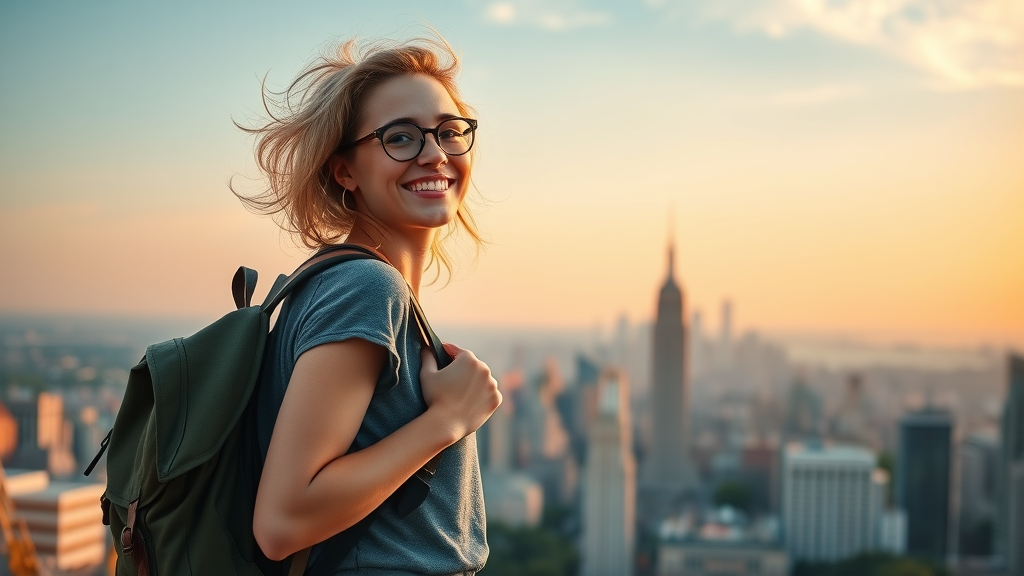 Confident solo female traveler overlooking city skyline at sunrise, solo travel for women, photorealistic, pastel colors, backpacking adventure