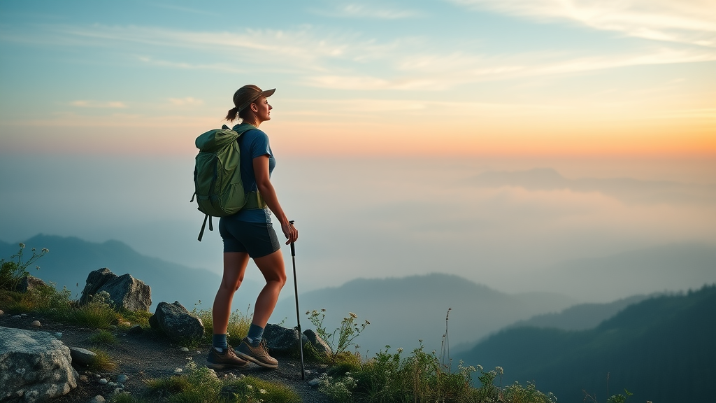Adventurous female hiker, solo female traveler, mountain trail in misty national park at sunrise, panoramic view, deep greens and blues