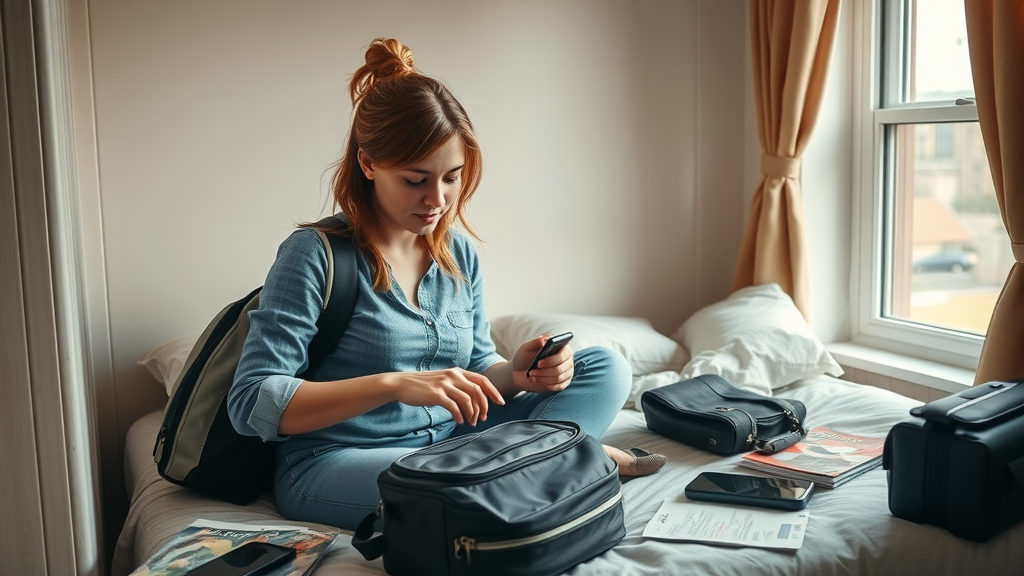 Resourceful solo woman packing anti-theft bag and safety gear, female traveler essentials, cozy hostel room, photorealistic
