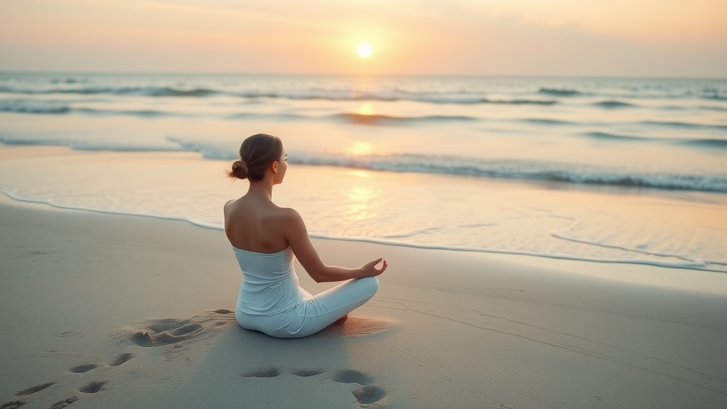 Tranquil woman meditating on a sunrise beach, solo female travel wellness, serene setting, soft sand and gentle waves