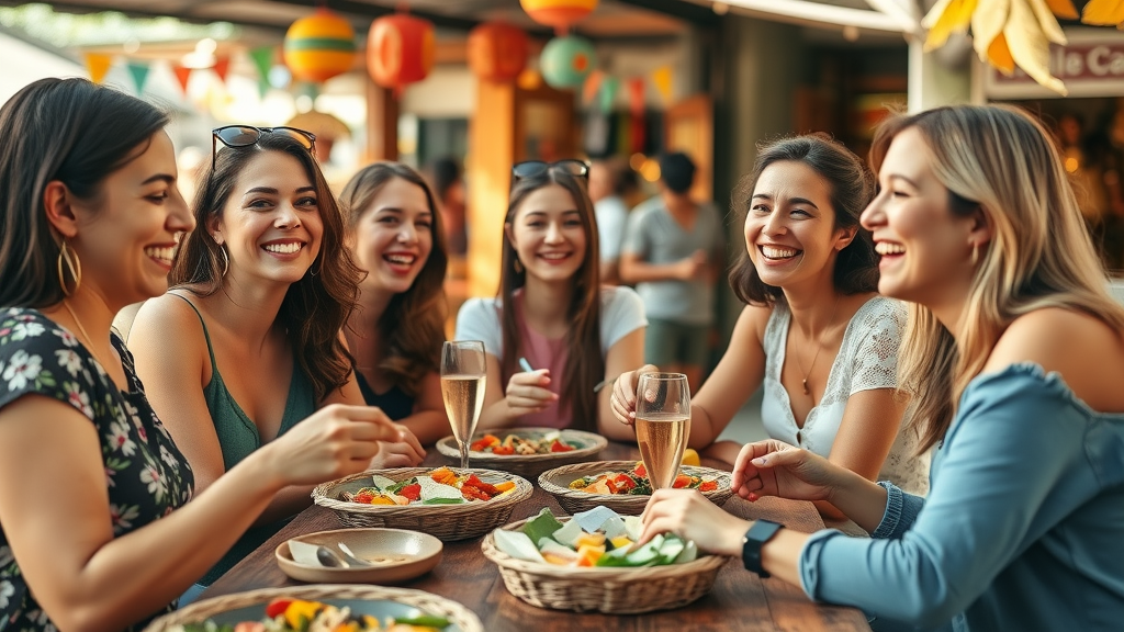 Happy women on group travel tour sharing a meal, solo female travellers, lively outdoor market scene, photorealistic