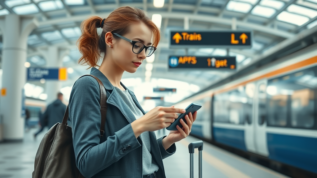 Efficient solo woman traveler researching public transport options at train station, solo travel for women, female travel, photorealistic