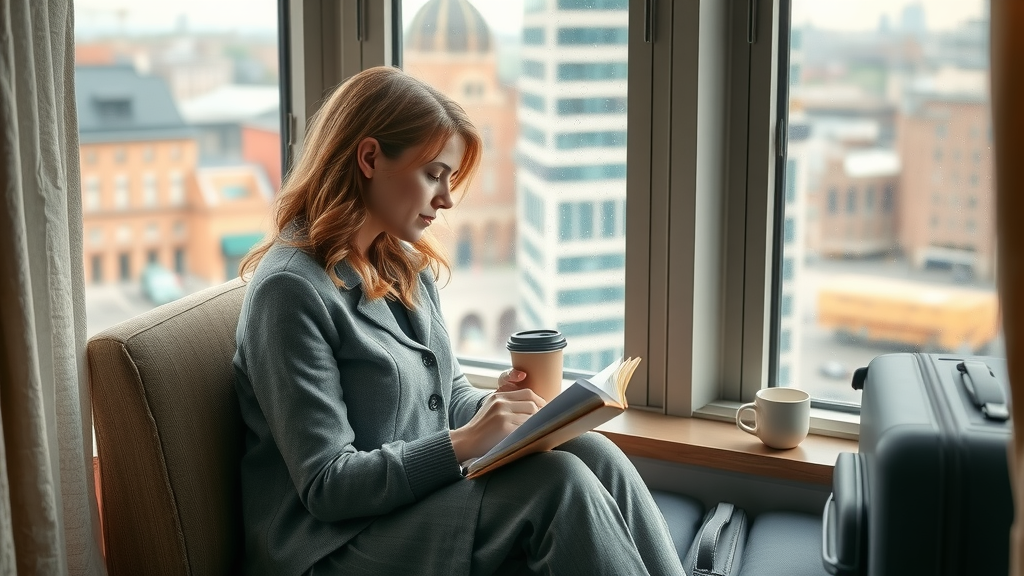 Empowered solo female traveler journaling at cozy window, female traveler, self-reflection, solo adventure empowerment, photorealistic