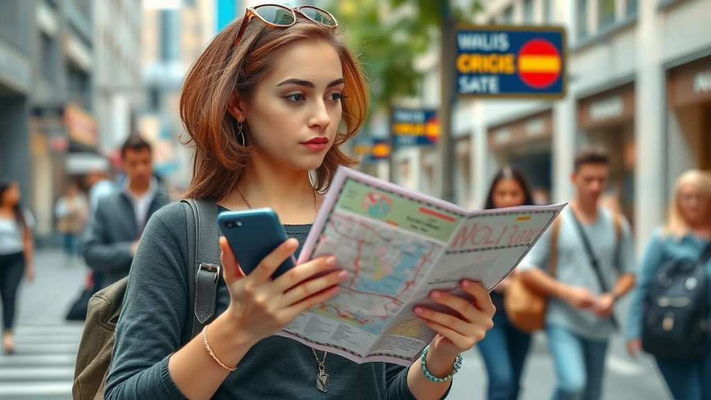 Curious solo female traveler holding map and phone in safe downtown city, solo travel for women, photorealistic, lively street