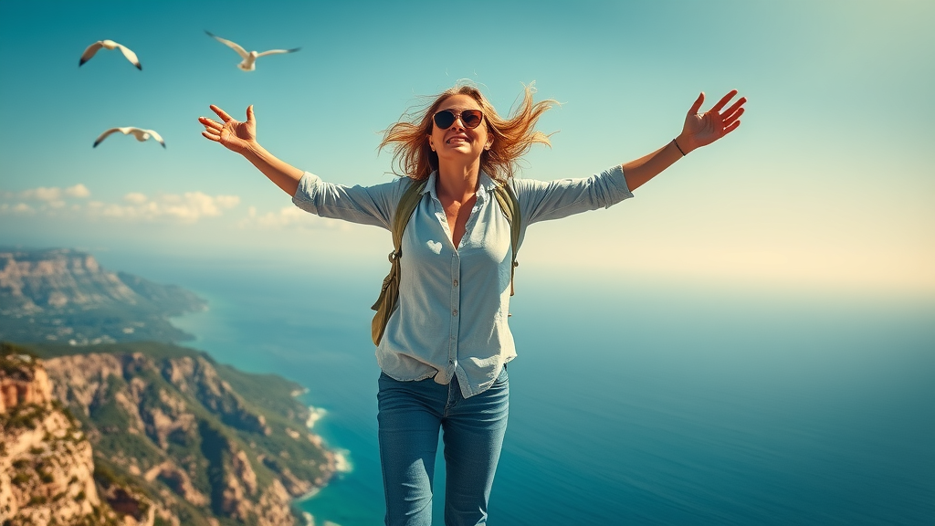 Empowered female traveler, arms outstretched on cliff overlooking ocean, journey