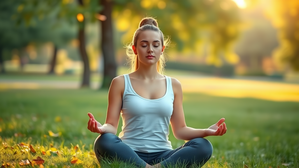 Woman taking a break from social media for contentment, meditating outdoors in a sunlit park, seated in a yoga pose with calming greens and golden sunrise