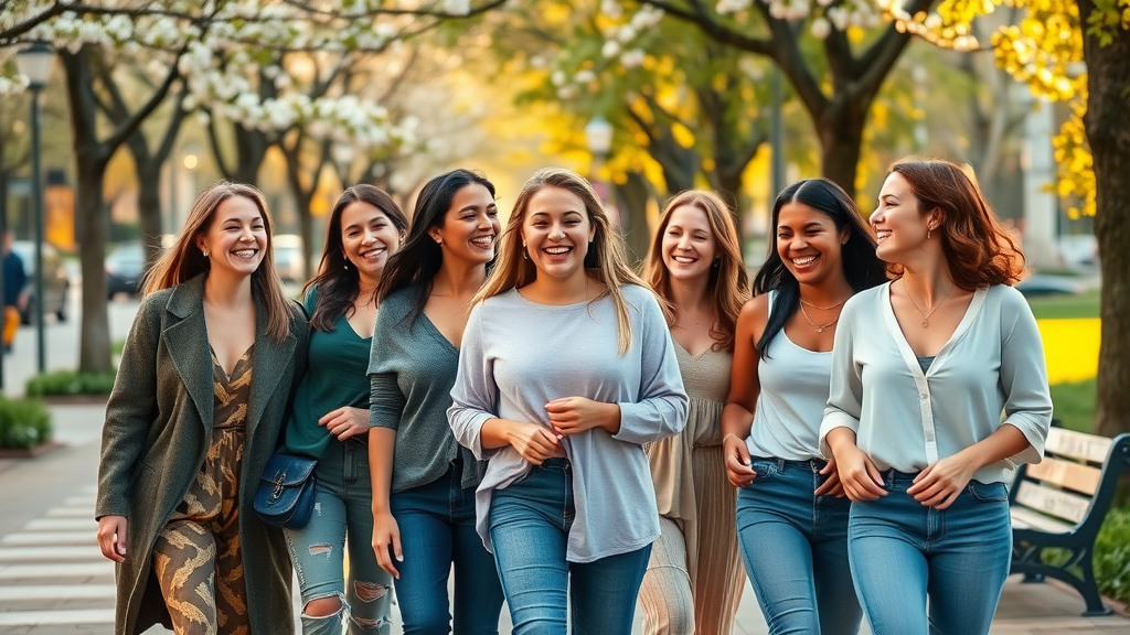 Energetic group of diverse women enjoying a digital detox, smiling and relaxed outdoors, symbolizing contentment from a social media break