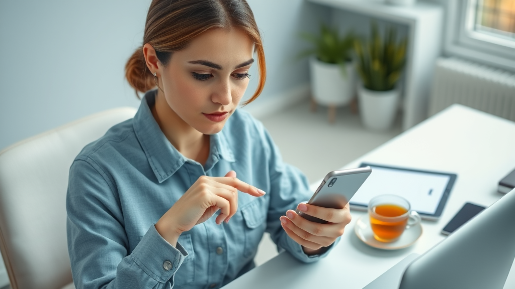 Focused woman setting time limits for media usage on her smartphone, establishing a mindful social media break for contentment