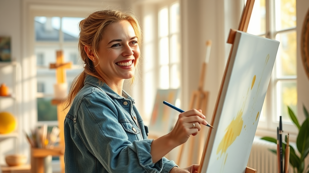 Happy woman enjoying offline activities, painting at an easel at home as a replacement for social media time in her media detox