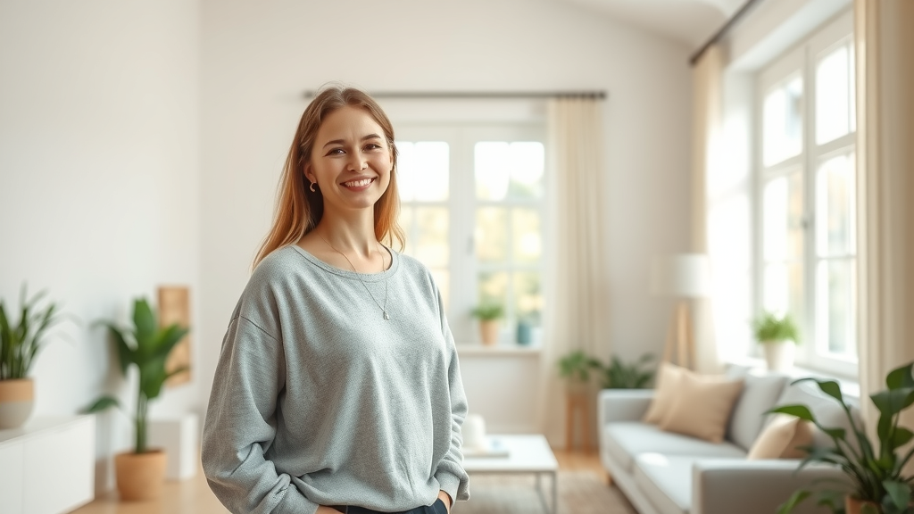 benefits of decluttering - relaxed woman enjoying a tidy, sunlit living space with soft pastel tones and natural textures