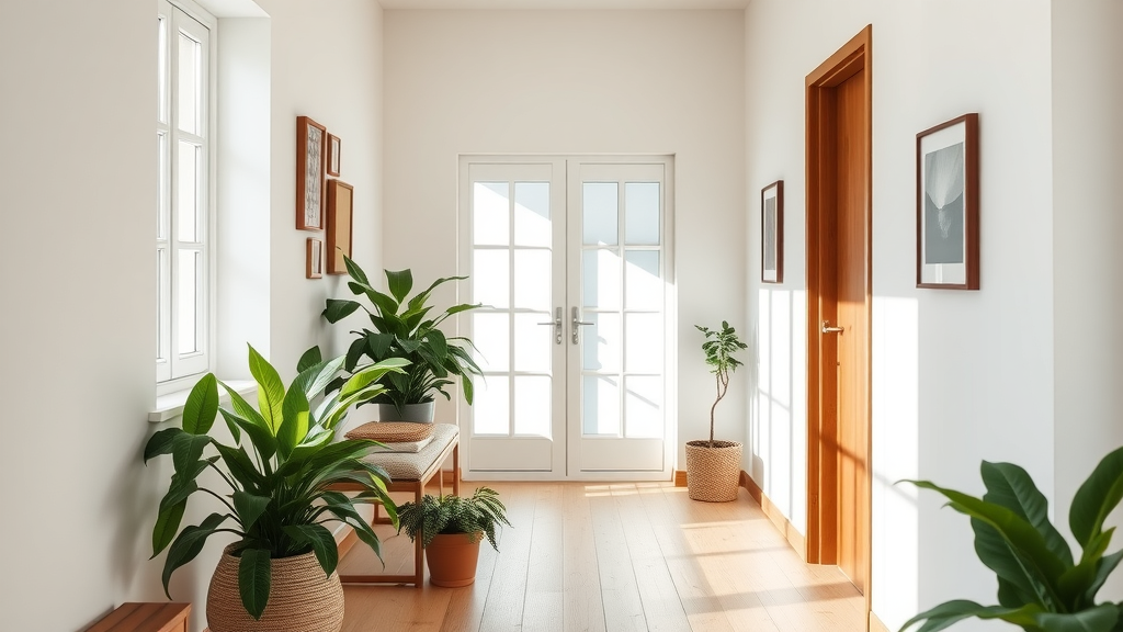 benefits of decluttering - minimalist, sunlit hallway with plants and wooden accents, symbolizing calm and harmony