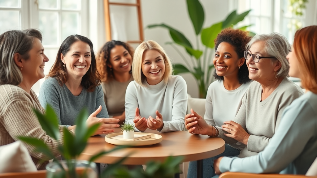 A warm, joyful diverse group of adult women practicing gratitude, smiling around a coffee table in a sunlit living room.