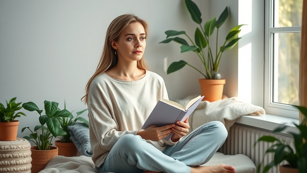 Reflective woman feeling grateful, sitting with a gratitude journal in a tranquil bedroom corner with peaceful morning light.