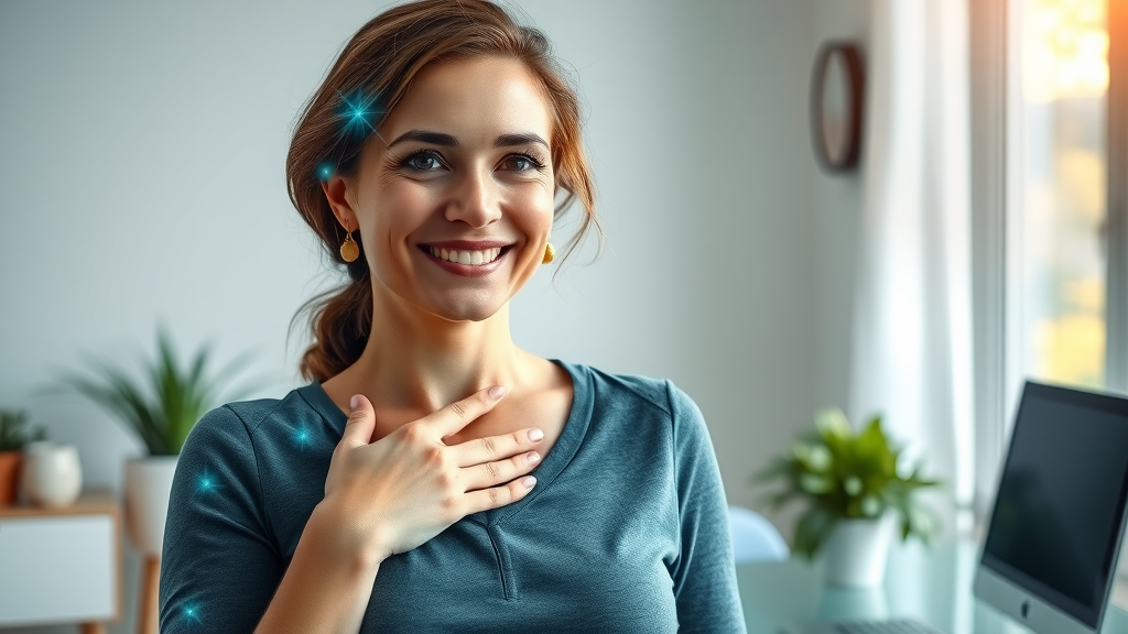 Optimistic woman practicing gratitude, hand on chest with glowing neural pathways, symbolizing positive psychology