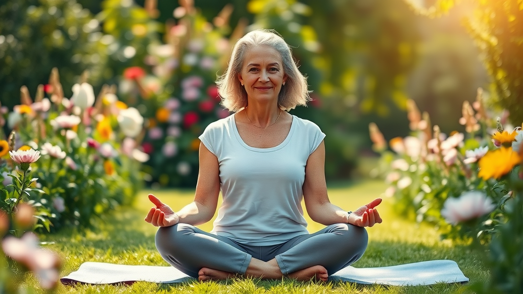 Calm woman practicing gratitude and meditation, sitting in a lotus pose in a sunlit blooming garden for mental health.